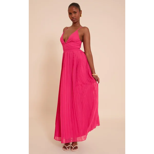 Fuschia Chiffon Strappy Pleated Belt Detail Maxi Dress