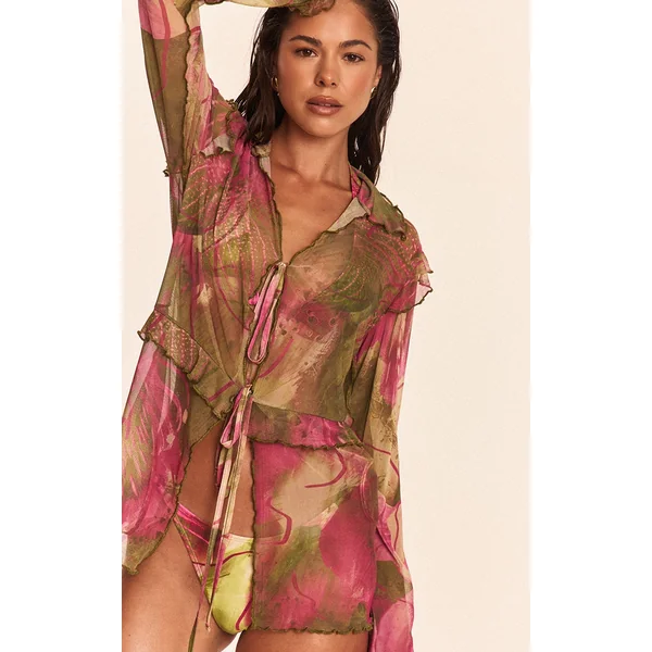 Fuschia Orchid Printed Mesh Frilly Tie Front Beach Top