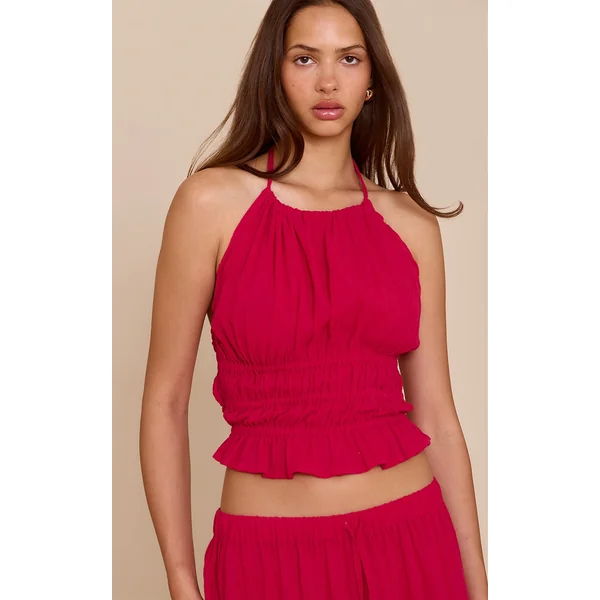 Fuschia Textured Backless Halterneck Top