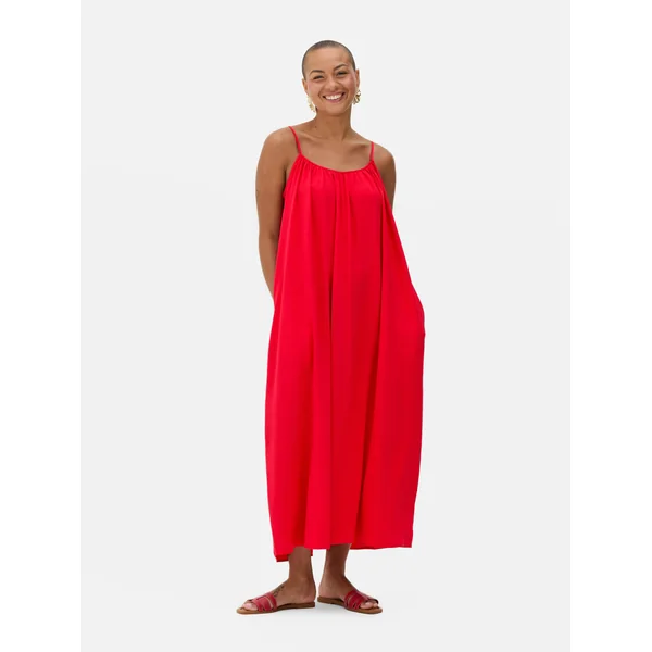 Gathered Neck Midi Sundress - Red