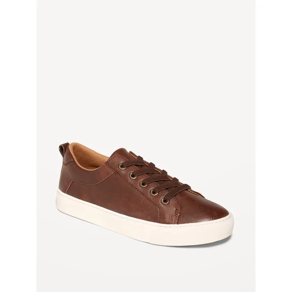 Gender-Neutral Elastic-Lace Faux-Leather Sneakers for Kids - Brown
