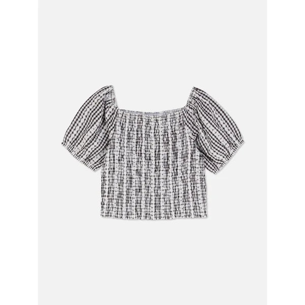 Gingham Blouse with Appliqué Daisies - White/Black