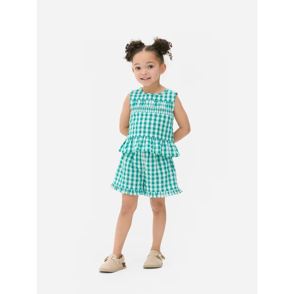 Gingham Check Blouse and Shorts Set - Green