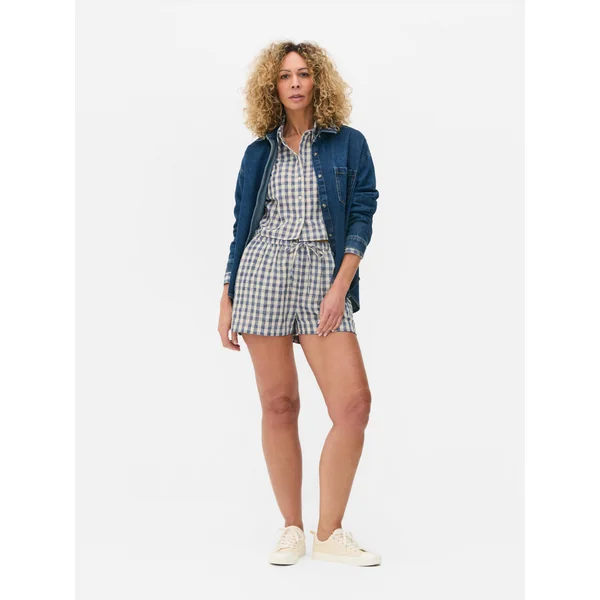 Gingham Check Drawstring Shorts - Blue