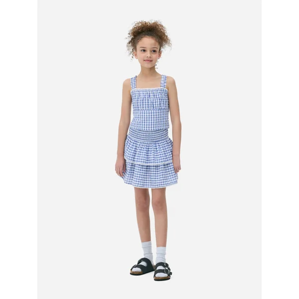 Gingham Lace Cropped Blouse - Blue