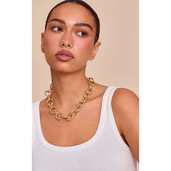 Gold Chunky Textured O-Ring Chain Necklace