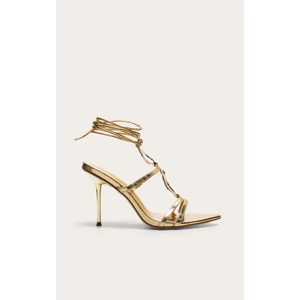 Gold Croc Pu Point Toe Ring Detail Lace Up Heeled Sandals