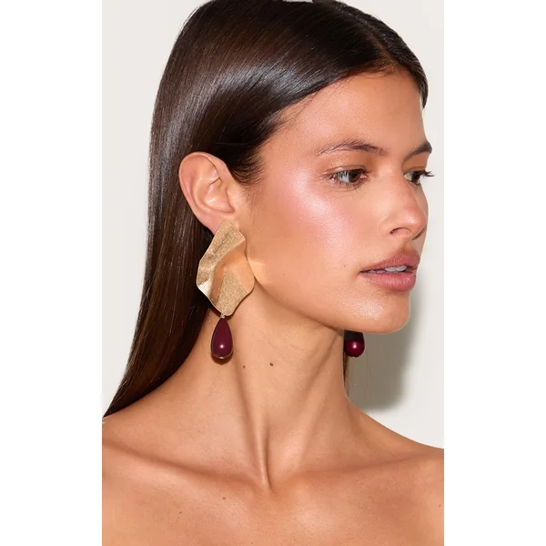 Gold Hammered Abstract Tear Drop Statement Earrings