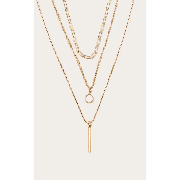 Gold Layered Circle Pendant Detail Necklace