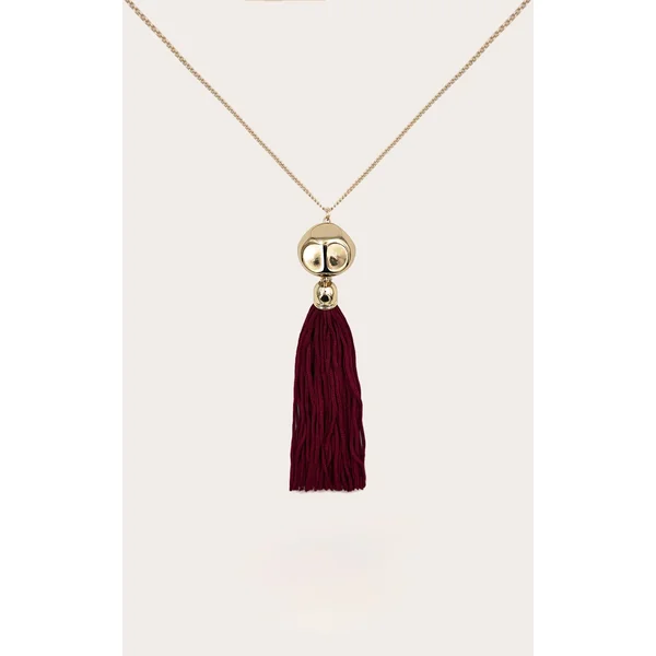 Gold Long Burgundy Tassel Necklace