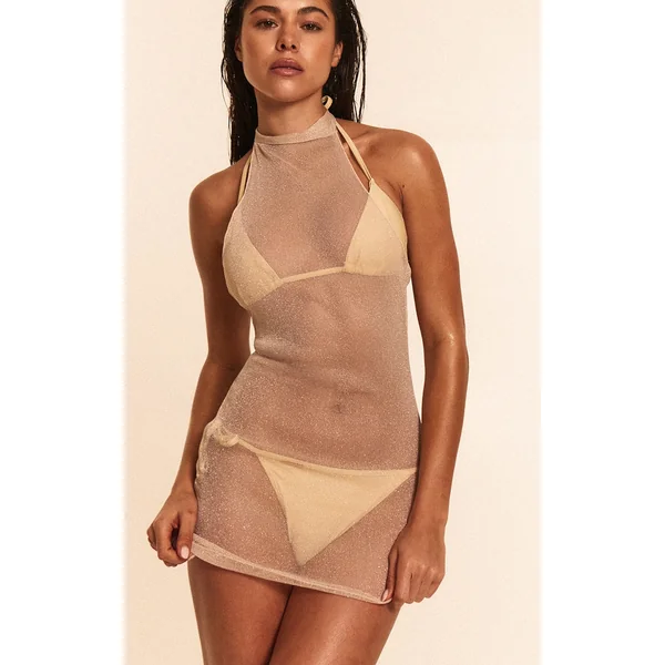 Gold Mesh Lurex Mini Beach Dress