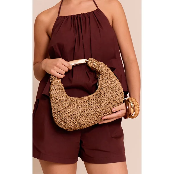 Gold Metal Handle Raffia Hand Bag