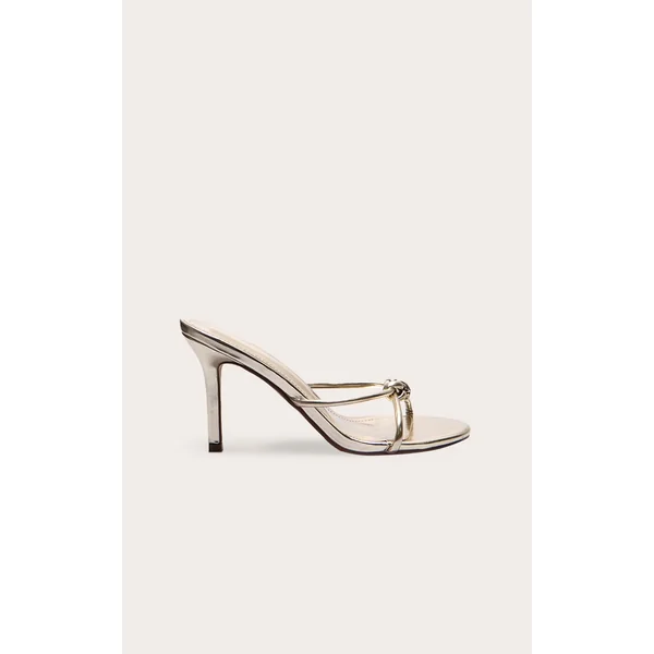 Gold Metallic PU Knotted Mid Heeled Mule Sandals