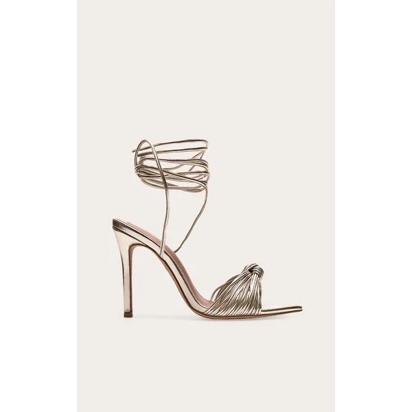 Gold Metallic Pu Point Toe Knotted Strappy High Heeled Sandals