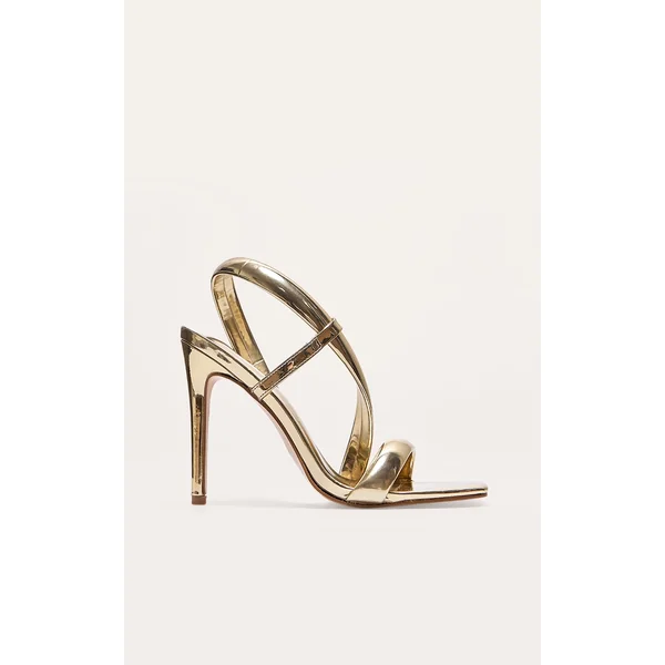 Gold Metallic PU Square Toe Padded Asymmetric High Heeled Sandals