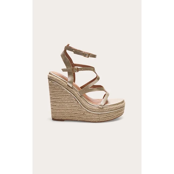 Gold Metallic Snake Strappy Heeled Wedges