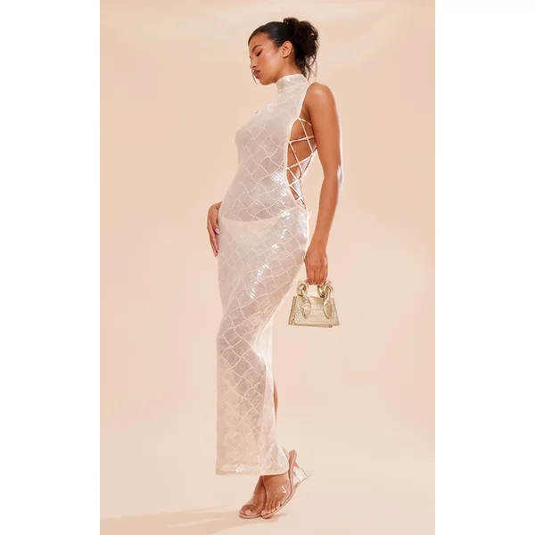 Gold Patterned Sequin Lace Up Side High Neck Midaxi Dress