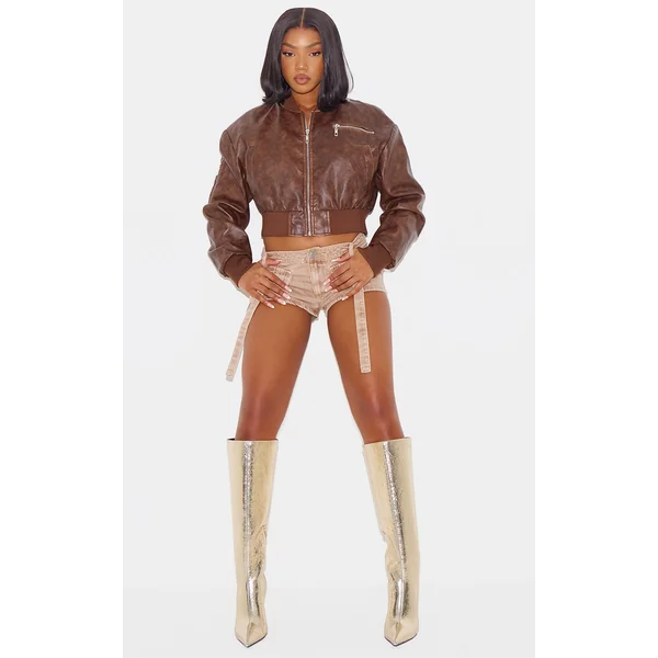 Gold PU Crinkle Point Toe Knee High Stiletto Heeled Boots