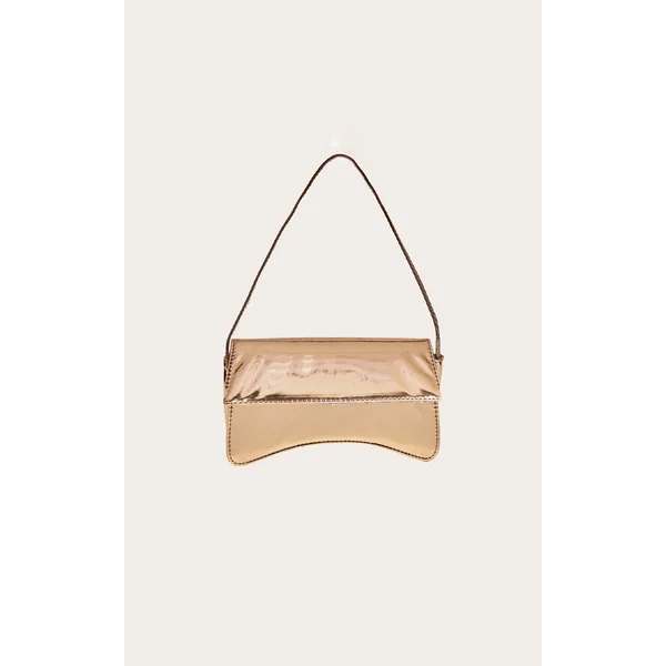 Gold PU Flap Over Baguette Shoulder Bag