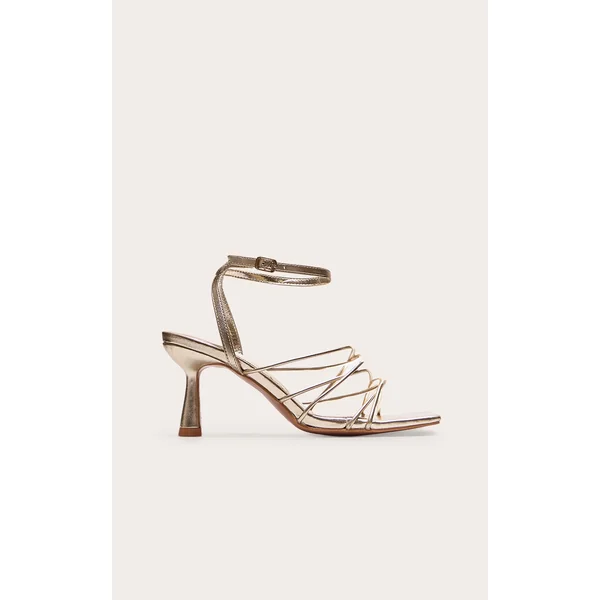 Gold PU Metallic Square Toe Cross Over Strappy Mid Heeled Sandals