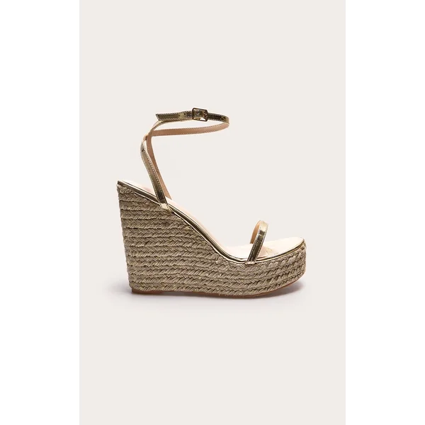 Gold PU Metallic Strap Espadrille High Heeled Wedges