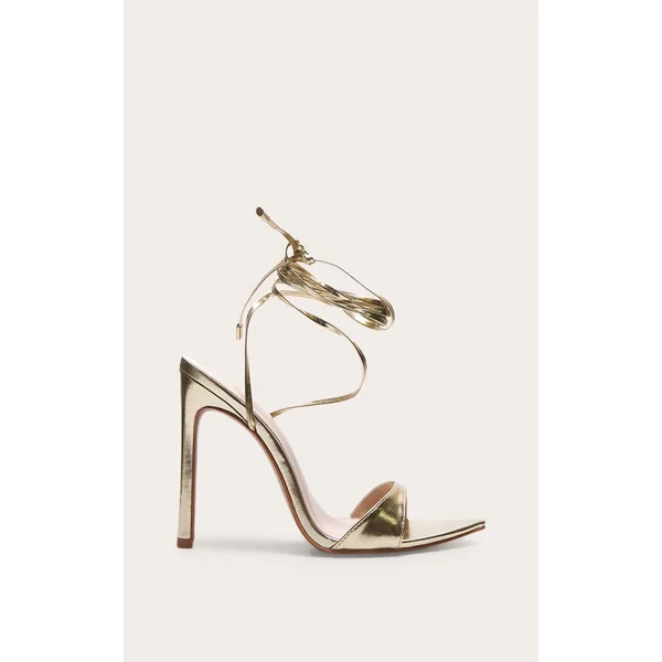 Gold PU Point Toe High Heeled Lace Up Sandals
