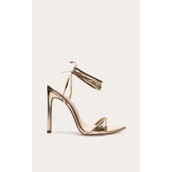 Gold PU Point Toe Lace Up High Heeled Sandals