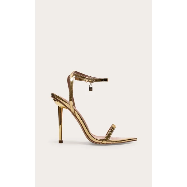 Gold Pu Point Toe Lock Charm Heeled Sandals