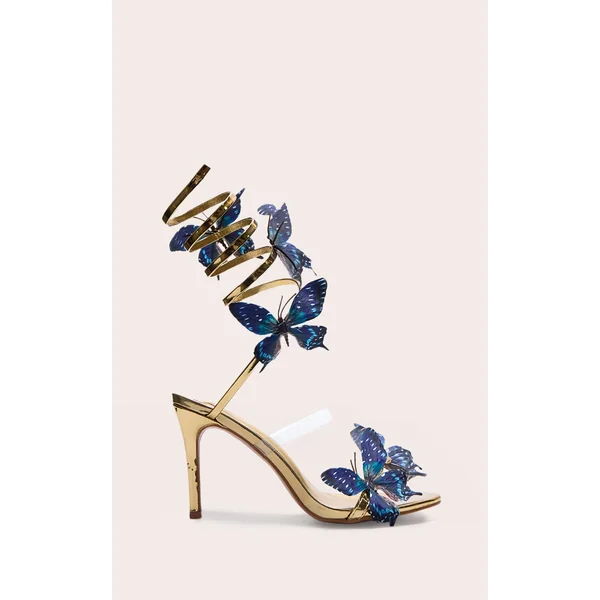 Gold PU Round Toe Blue Butterfly Spiral Strap High Heeled Sandals