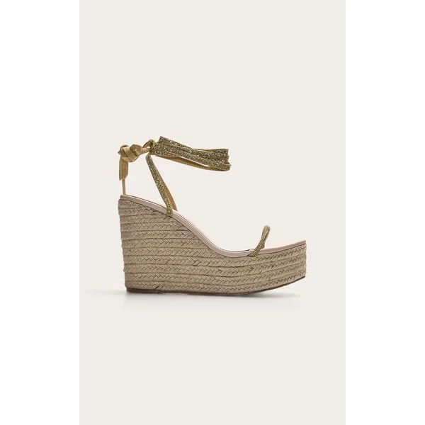 Gold Pu Round Toe Diamante Strappy Heeled Wedges