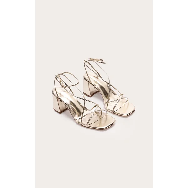 Gold PU Round Toe Strappy Mid Block Heel Sandals