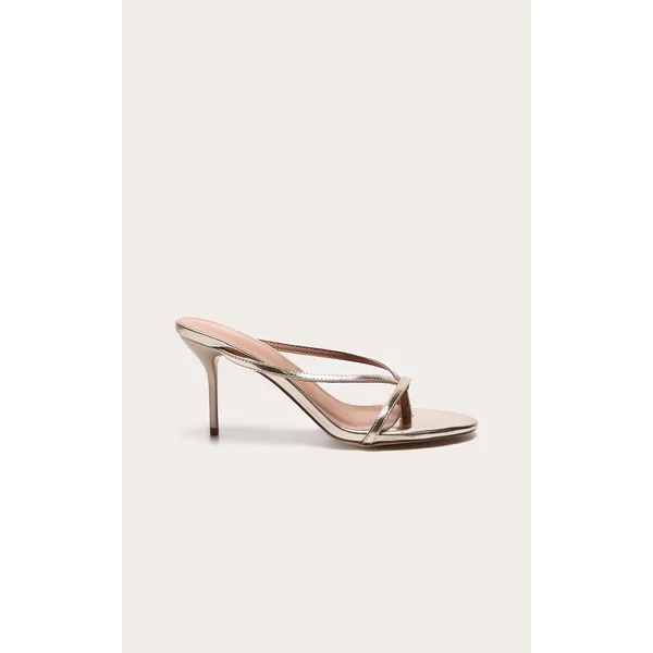 Gold Pu Round Toe Thong High Stiletto Heeled Mules