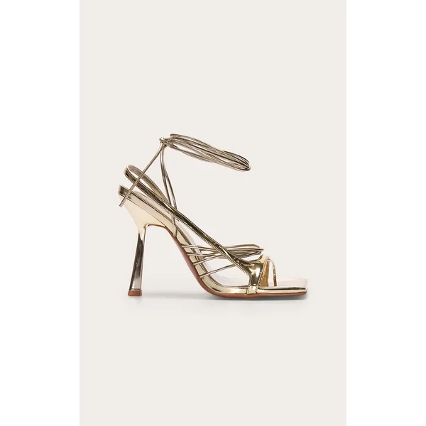 Gold Pu Square Toe Asymmetric Strappy Lace Up High Heel Sandals
