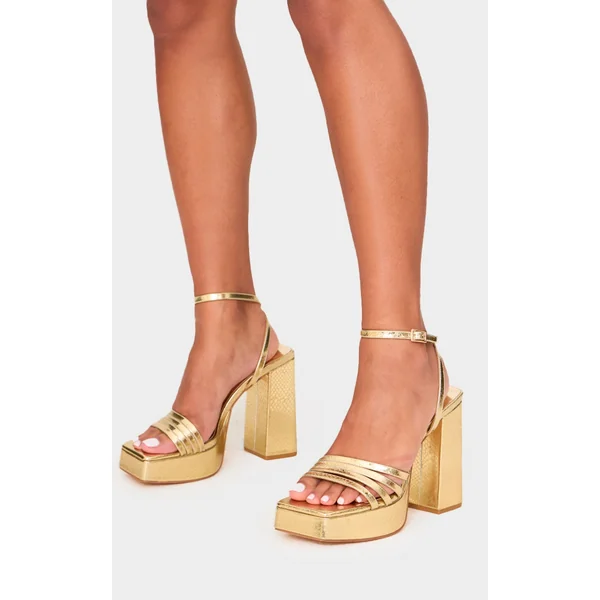 Gold PU Square Toe Strappy Block Platform Heels