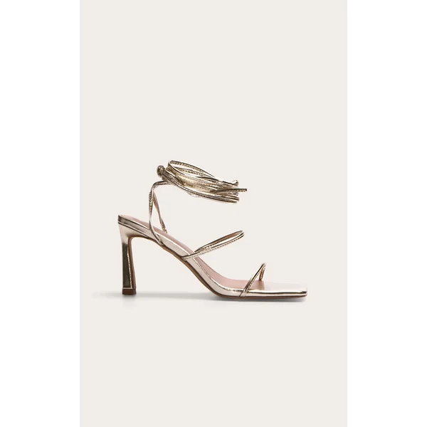 Gold Pu Square Toe Strappy Lace Up Mid Stiletto Heeled Sandals