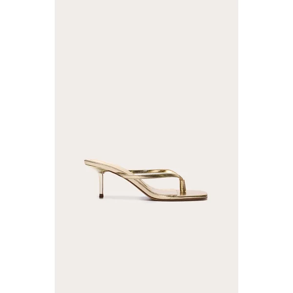 Gold Pu Square Toe Thong Mid Stiletto Heeled Mules