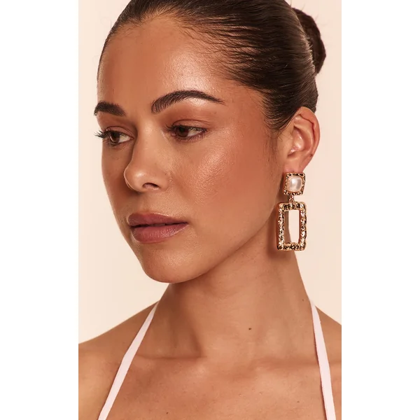 Gold Rectangular Pendant Statement Earrings