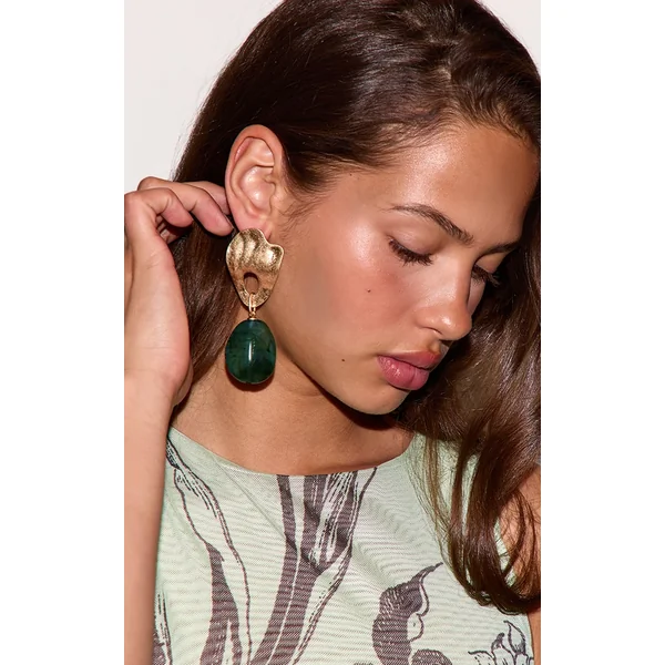 Gold Statement Earring With Emerald Resin Detail