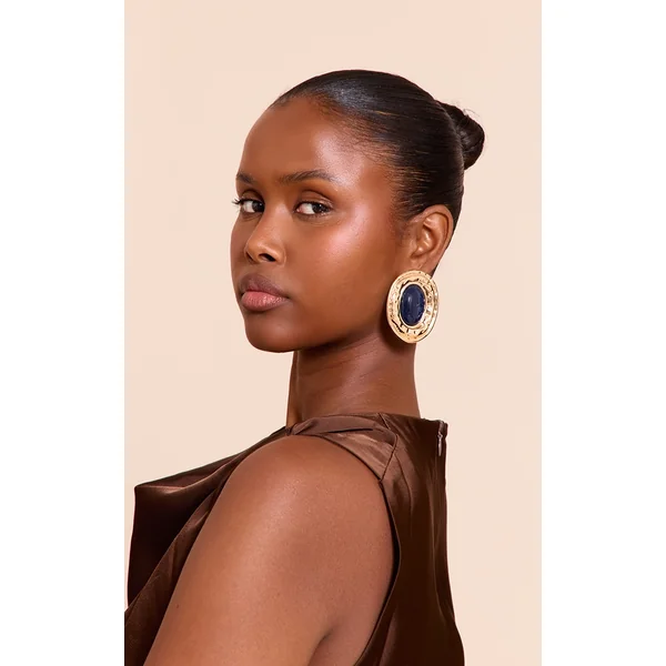 Gold Texture Navy Center Statement Earrings