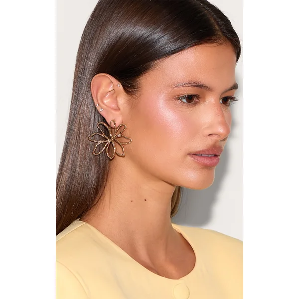 Gold Textured Flower Statement Earrings