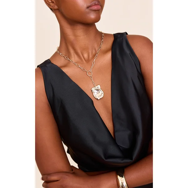 Gold Textured Large Pendant Statement Necklace