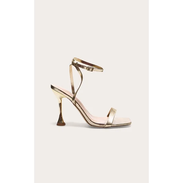 Gold Wide Fit Pu Square Toe Ankle Buckle Heeled Sandals
