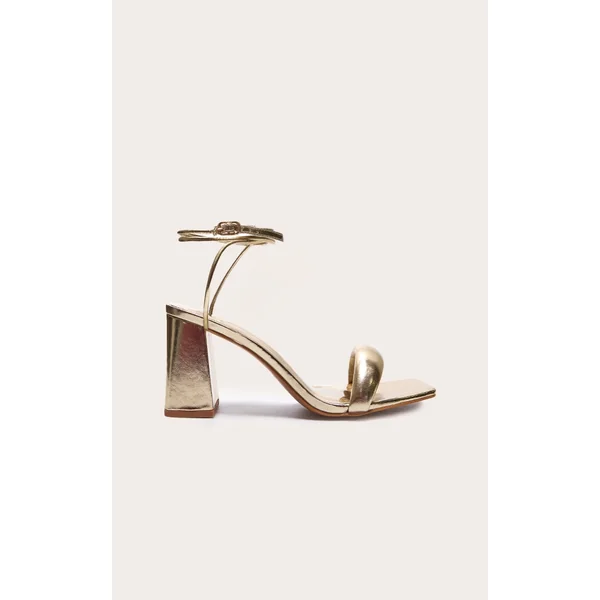 Gold Wide Fit Pu Square Toe Quilted Low Block Heeled Sandals