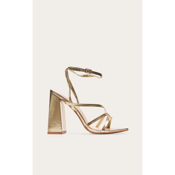 Gold Wide Fit Pu Square Toe Strappy Block Heeled Sandals