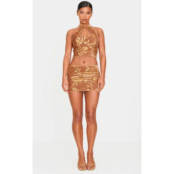 Golden Olive Velvet Floral Sequin Embellished Micro Mini Skirt