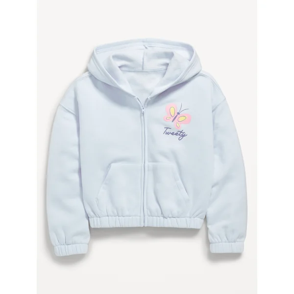 Graphic Fleece Zip-Front Hoodie for Girls - Soft Blue