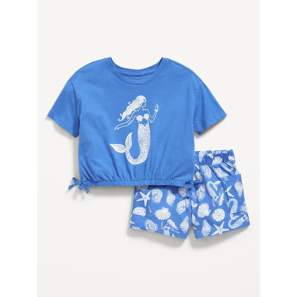 Graphic T-Shirt and Shorts Set for Toddler Girls - Blue Seashells