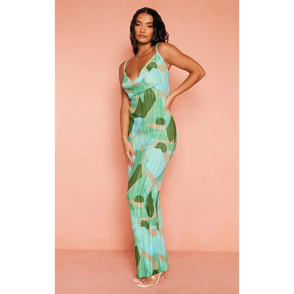 Green Abstract Print Plisse Strappy Maxi Dress