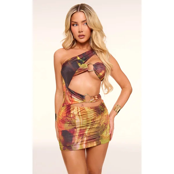 Green Abstract Printed Slinky One Shoulder Cut Out Bodycon Dress