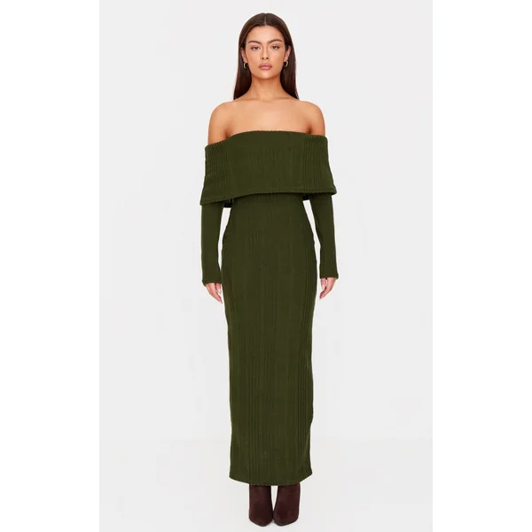 Green Brushed Rib Foldover Bardot Maxi Dress